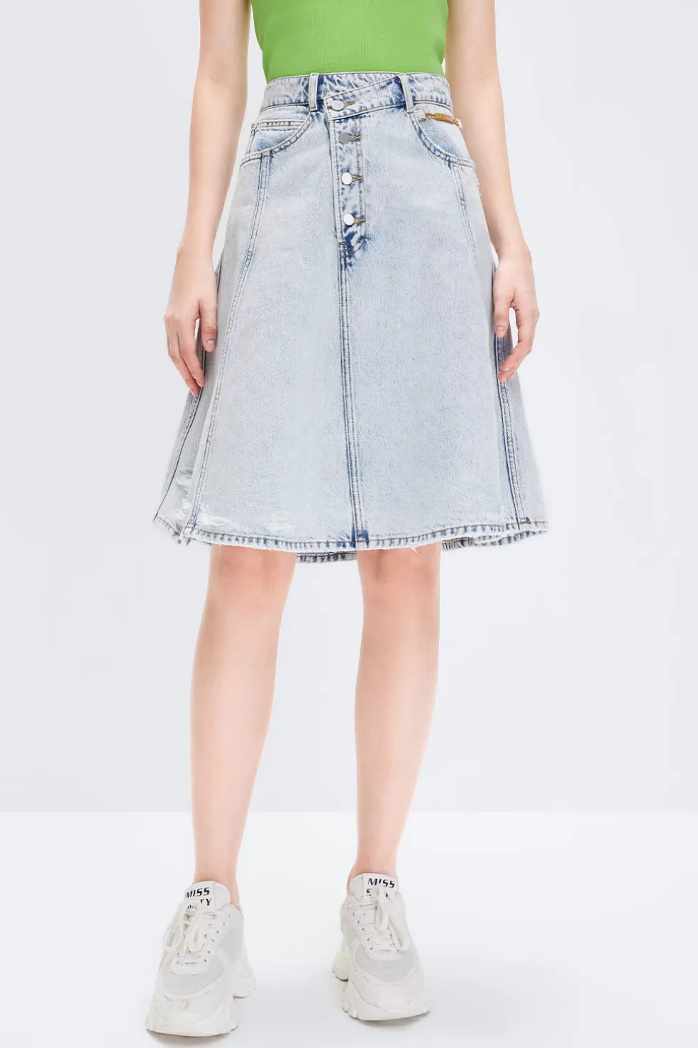 Denim-Midirock Mit Schrager Knopfleiste Und Fransenbesatz-Miss Sixty Discount