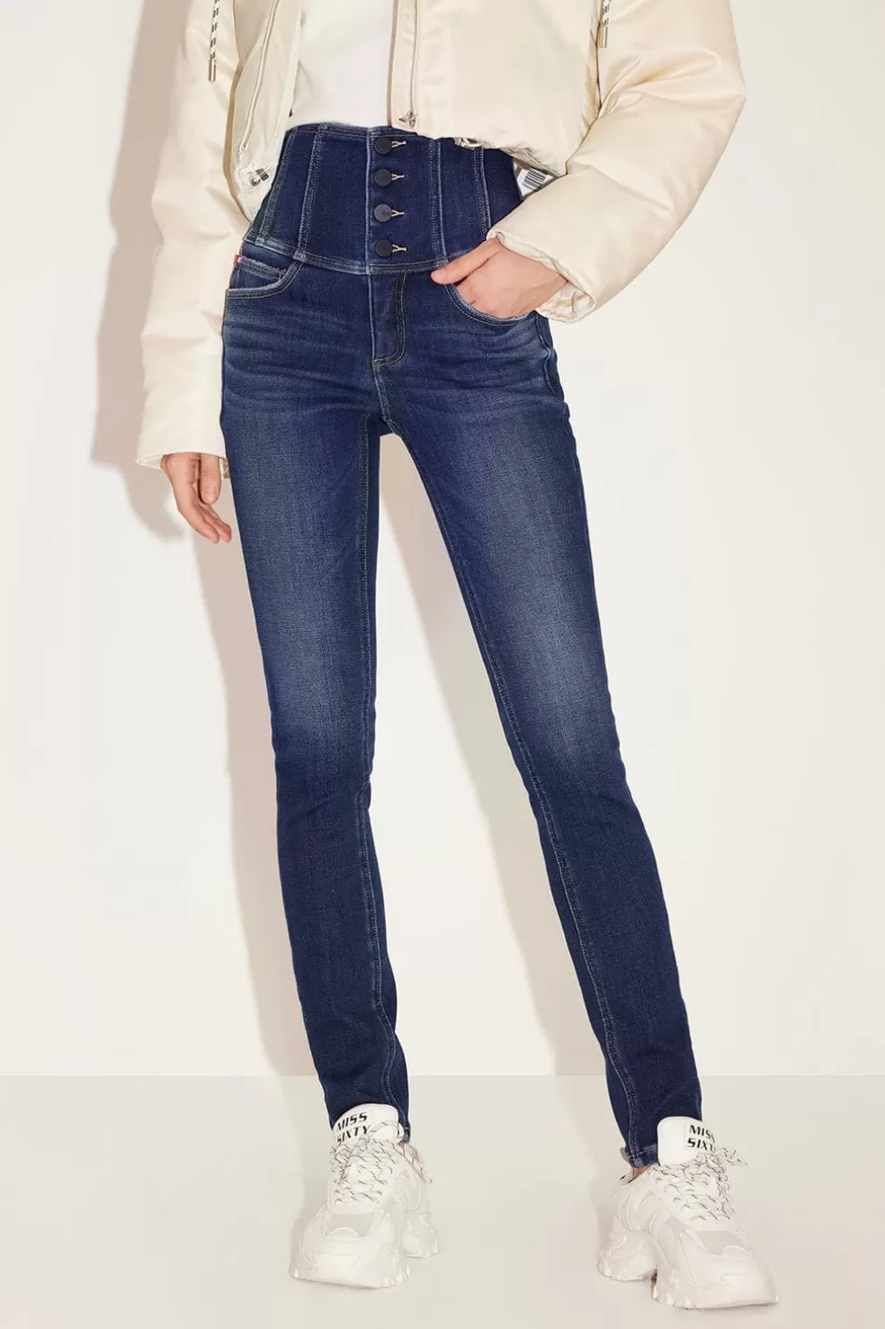 Dunkelblaue Fleece-Thermojeans Mit Superhohem Bund Und Vier Knopfen-Miss Sixty Fashion