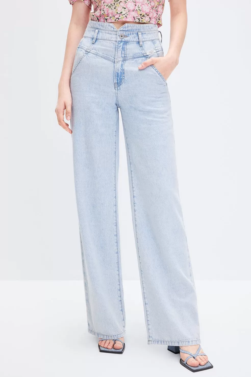 E, Hoch Taillierte Hose Mit Weitem Bein Aus Leinen-Baumwoll-Denim-Miss Sixty Cheap