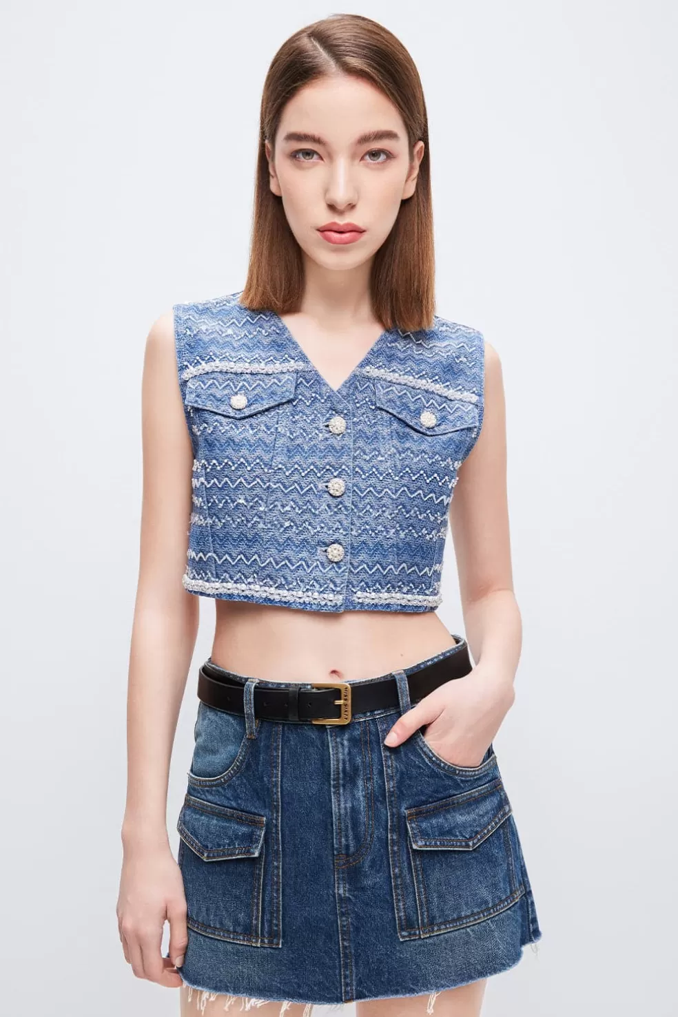 Kurze Weste Aus Jacquard-Jeans Mit V-Ausschnitt-Miss Sixty Online