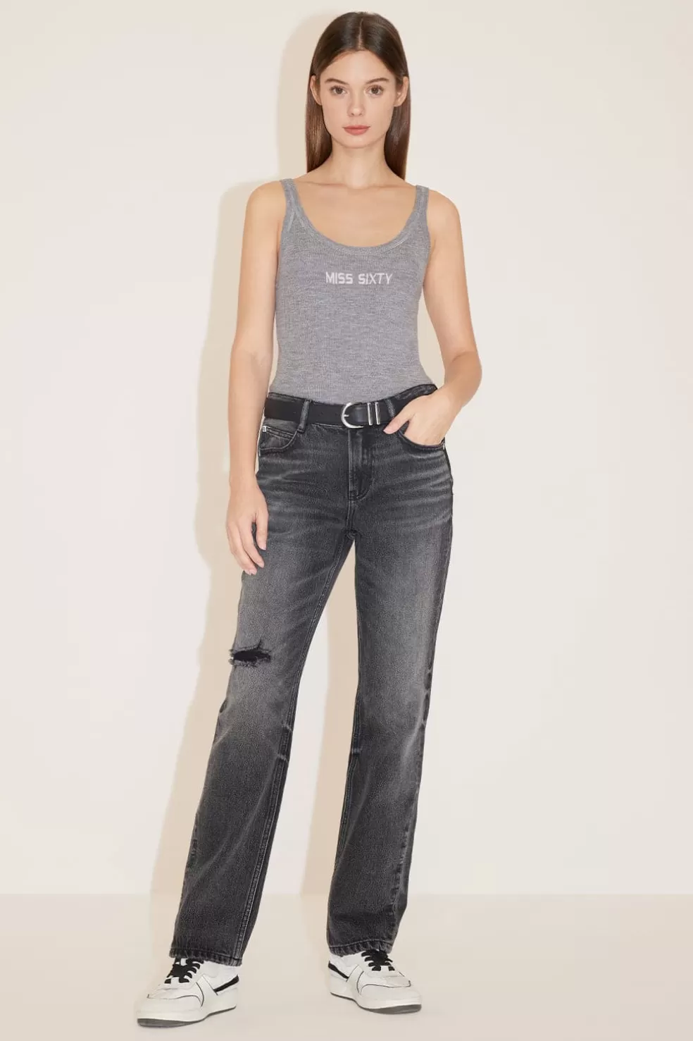 Schwarz-Graue, Zerrissene Straight-Fit-Jeans-Miss Sixty Online