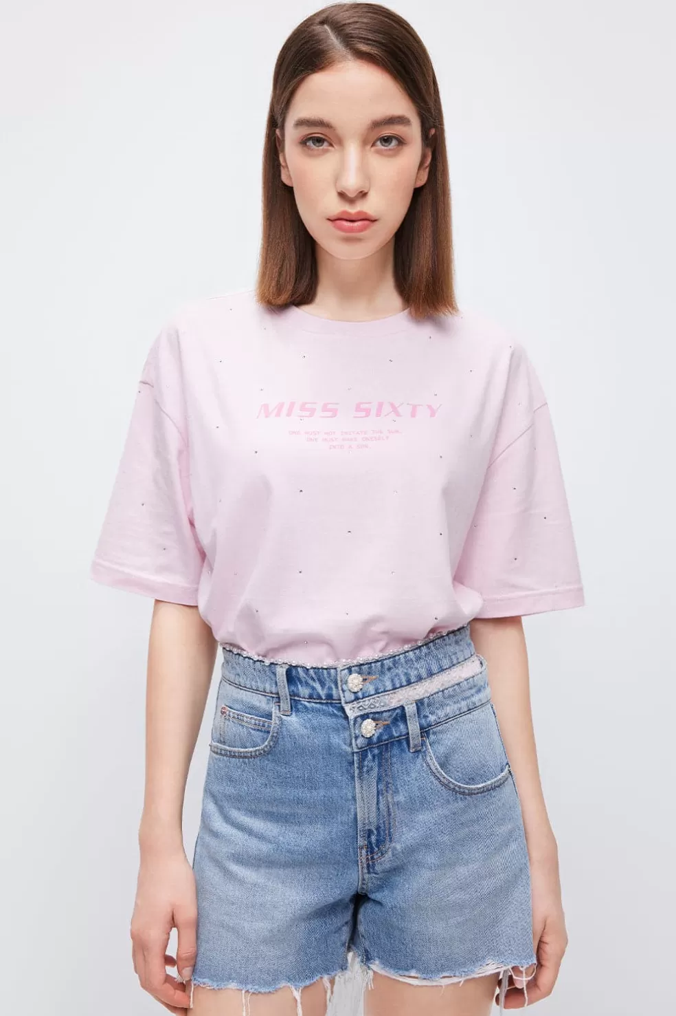 T-Shirt Mit Rundhalsausschnitt, Uberschnittener Schulter Und Buchstabenmuster-Miss Sixty Online