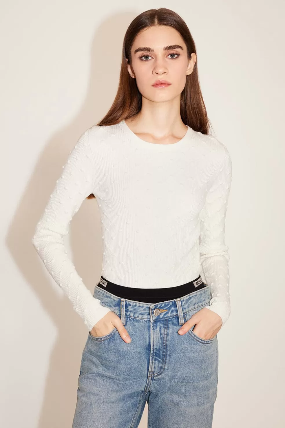 Weiser Jacquard-Wollpullover Mit Karomuster Und Rundhalsausschnitt-Miss Sixty Shop