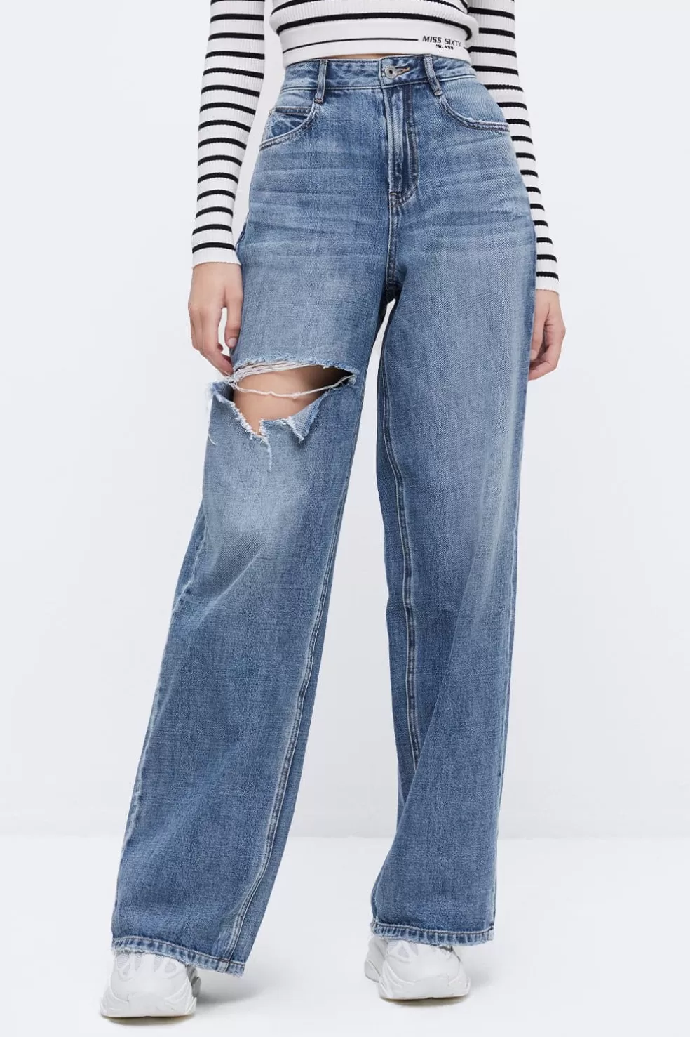 Weite, Hellblaue, Zerrissene Baggy-Jeans Mit Weitem Bein-Miss Sixty Discount